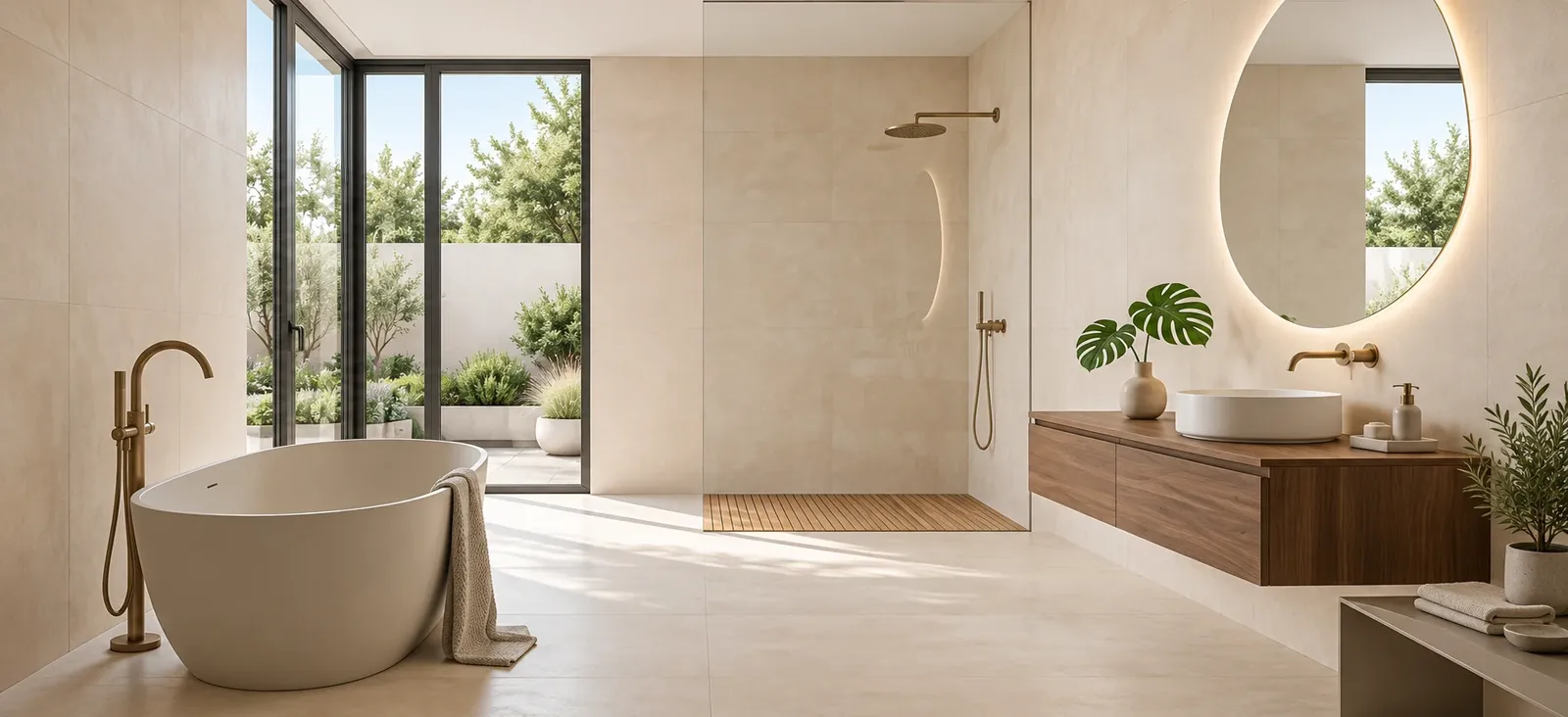 Salle de bain lumineuse en carrelage grand format beige, avec baignoire îlot et douche à l'italienne